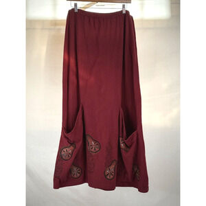 Vintage Blue Fish Hand Painted Burgundy Maxi Skirt with Pockets #0246
